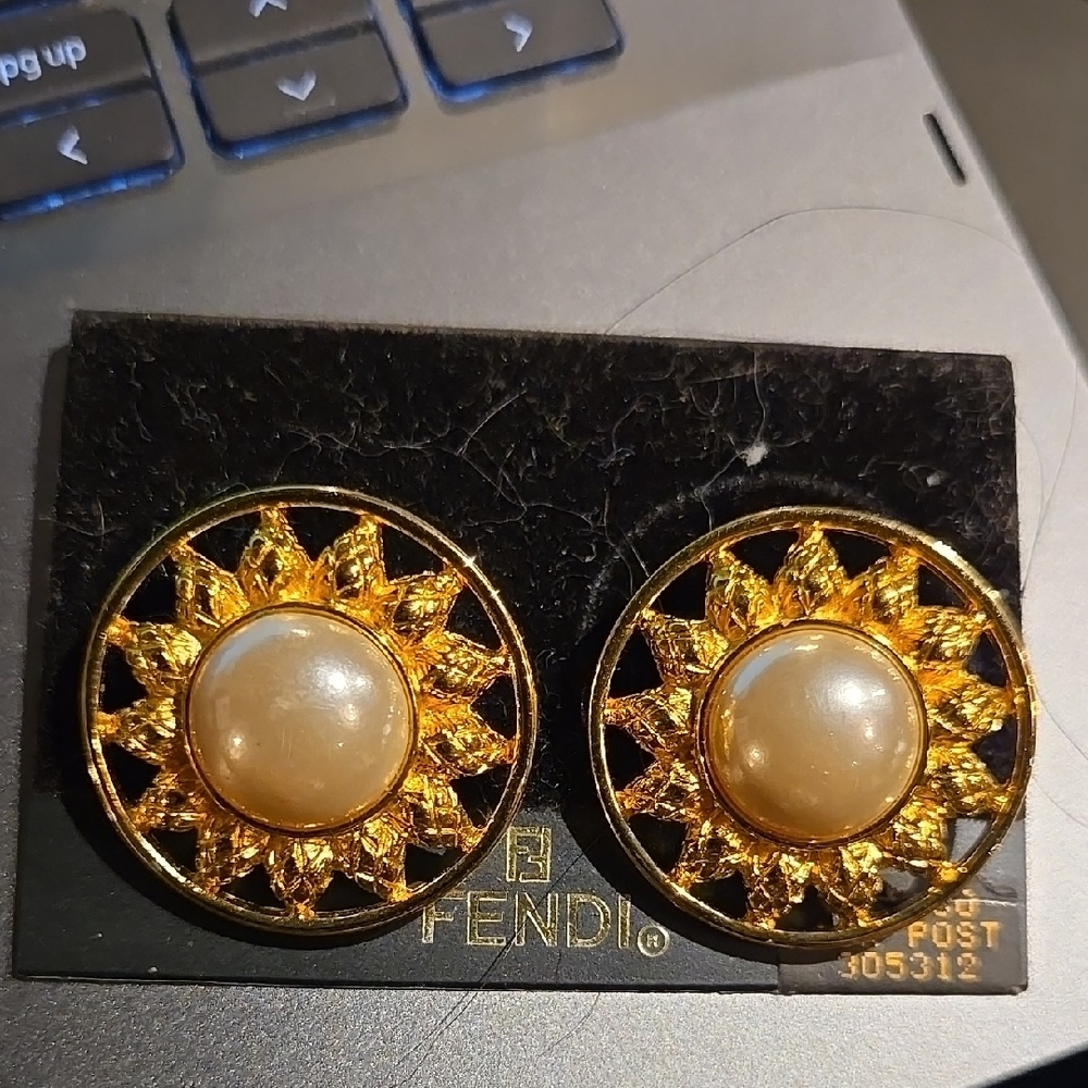 Fendi Gold and Cream Pearl Sunburst Earrings